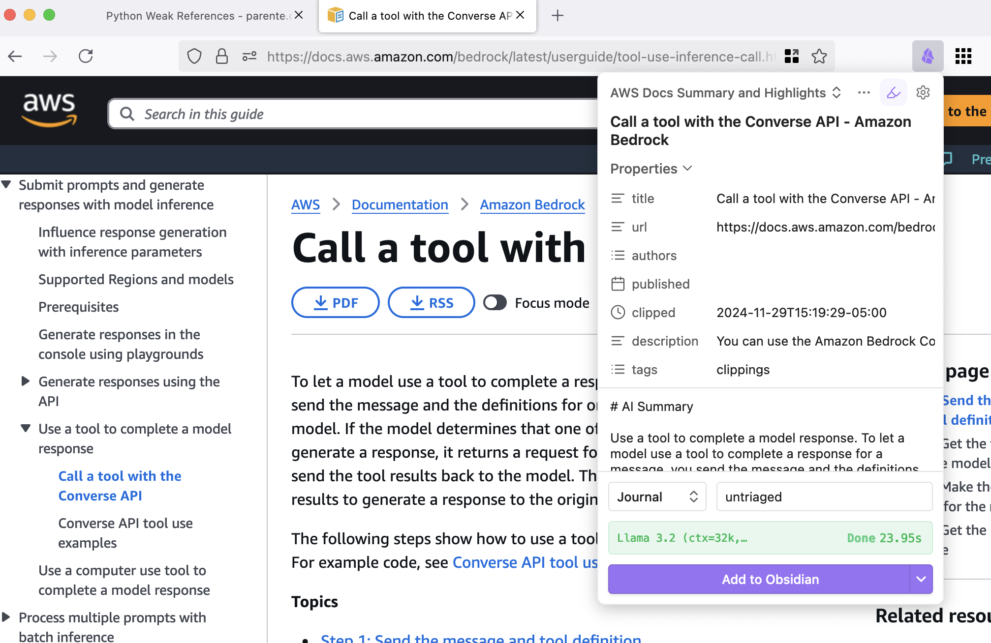 Screenshot of the web clipper automatically switching to the AWS Docs Summary and Highlights template and generating a custom summary when visiting an AWS documentation page